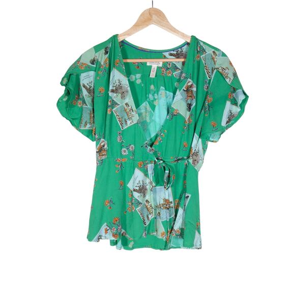 Anthropologie Tops - Anthropologie Meadow Rue Womens Wrap Top 2 Green Postcard Floral Soft V Neck